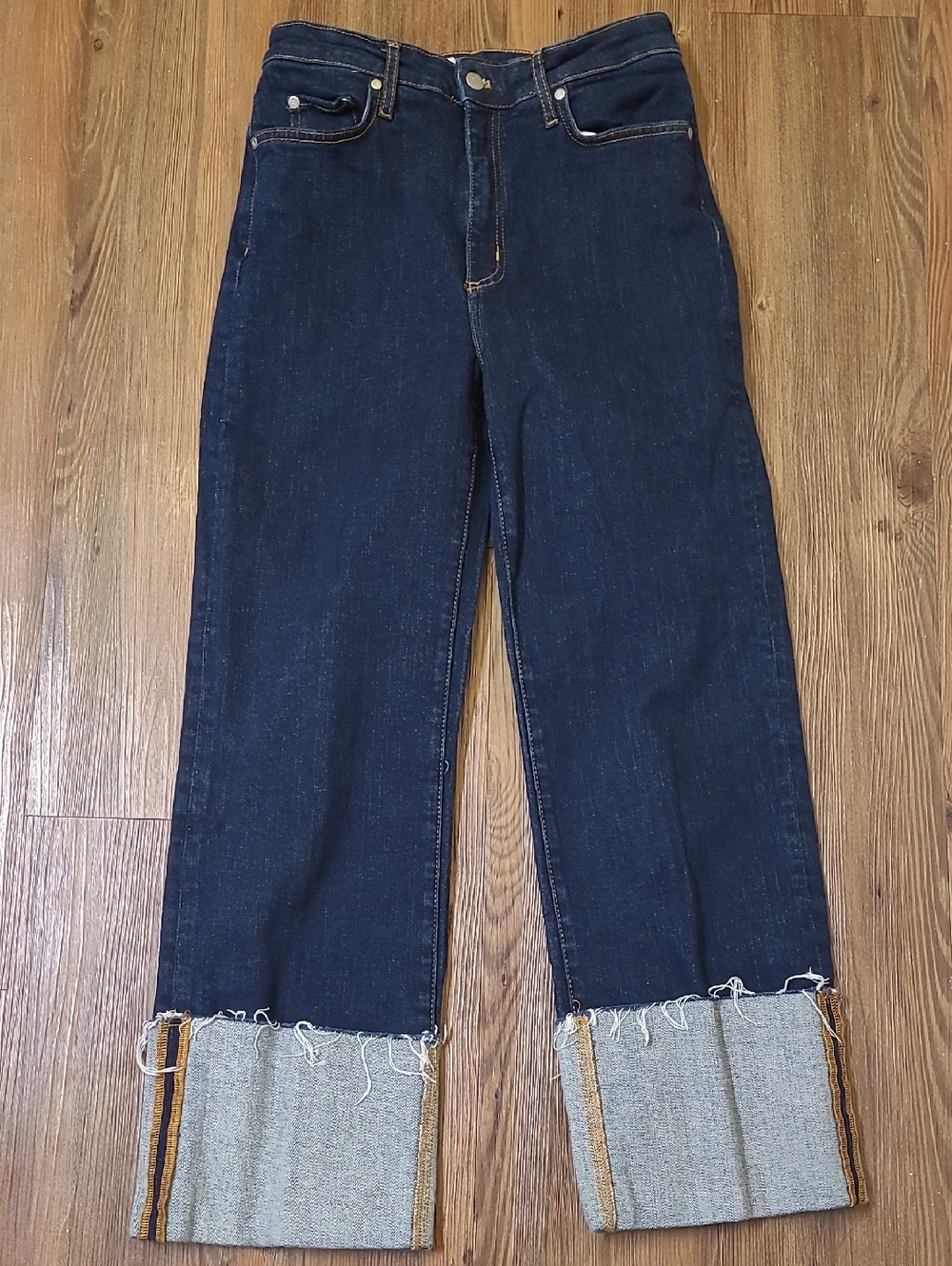 Pilcro Dark Indigo Wide-Leg Jeans with Rolled Cuff used good size 27 for women.